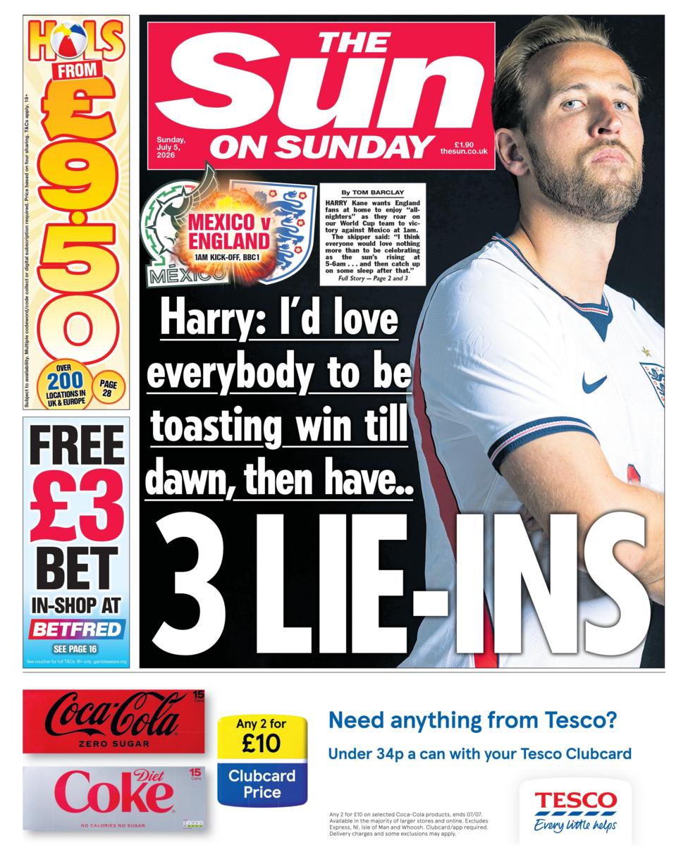 The headline on the front page of the Sun reads: “3 lie-ins”.