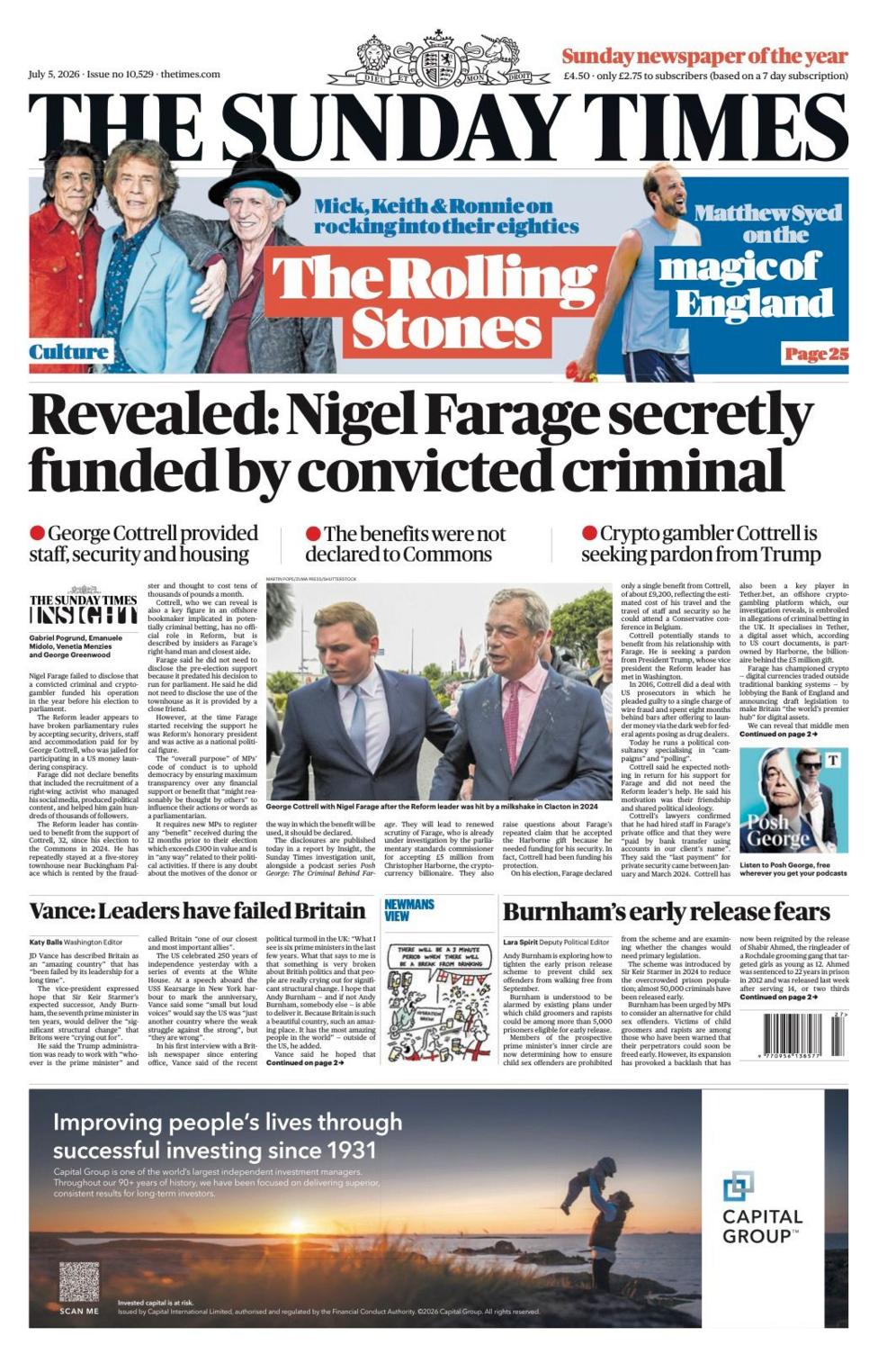 The headline on the front page of the Sunday Times reads: “Revealed: Nigel Farage secretly funded by convicted criminal”.