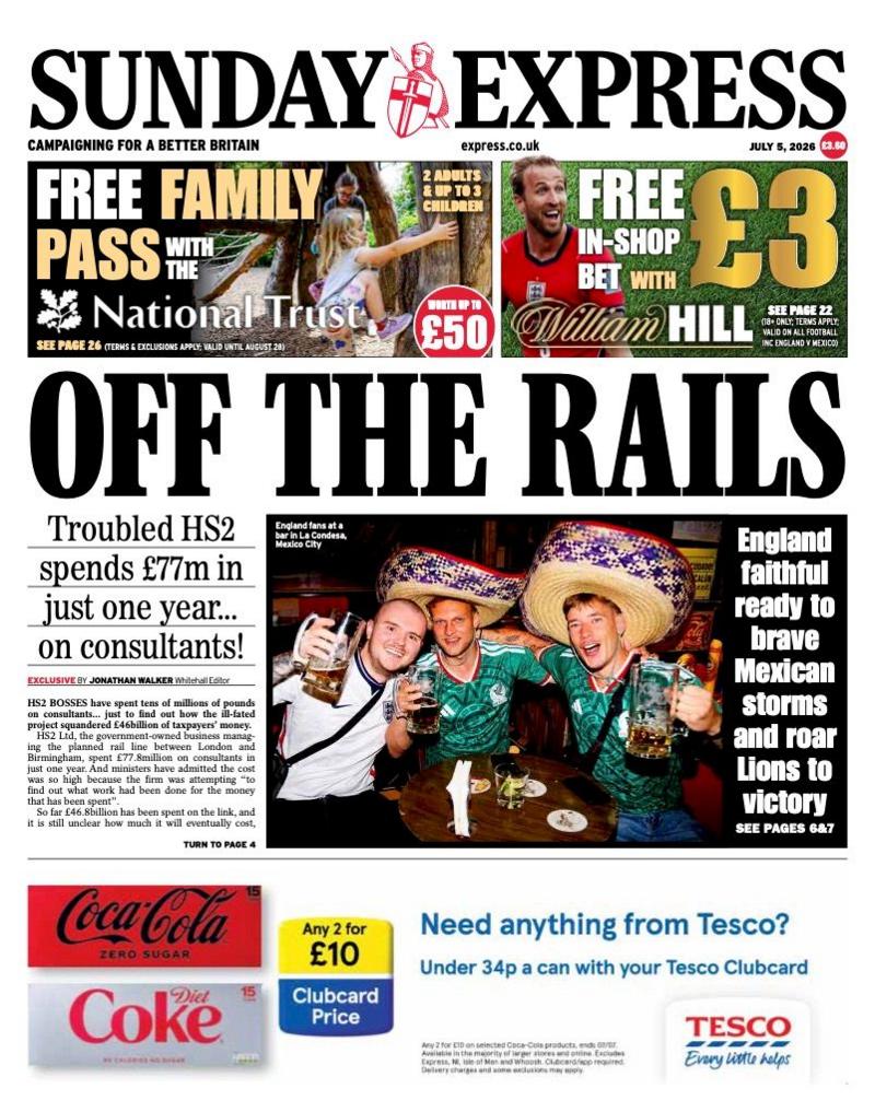 The headline on the front page of the Sunday Express reads: “Off the rails”.