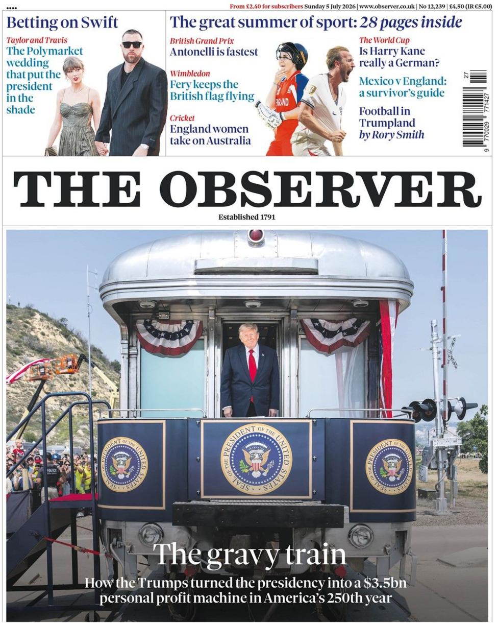 The headline on the front page of the Observer reads: “The gravy train”.