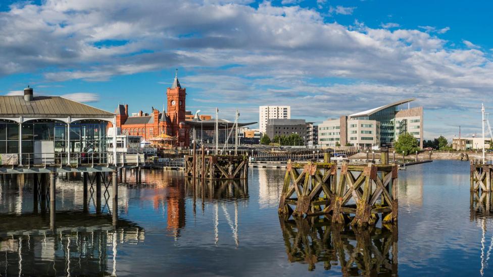 A view of Cardiff Bay including the Senedd, Pierhead building and Mermaid Quay