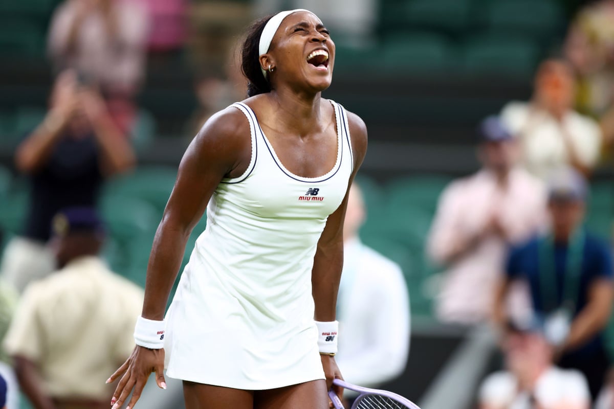 Coco Gauff celebrates her late night victory at Wimbledon