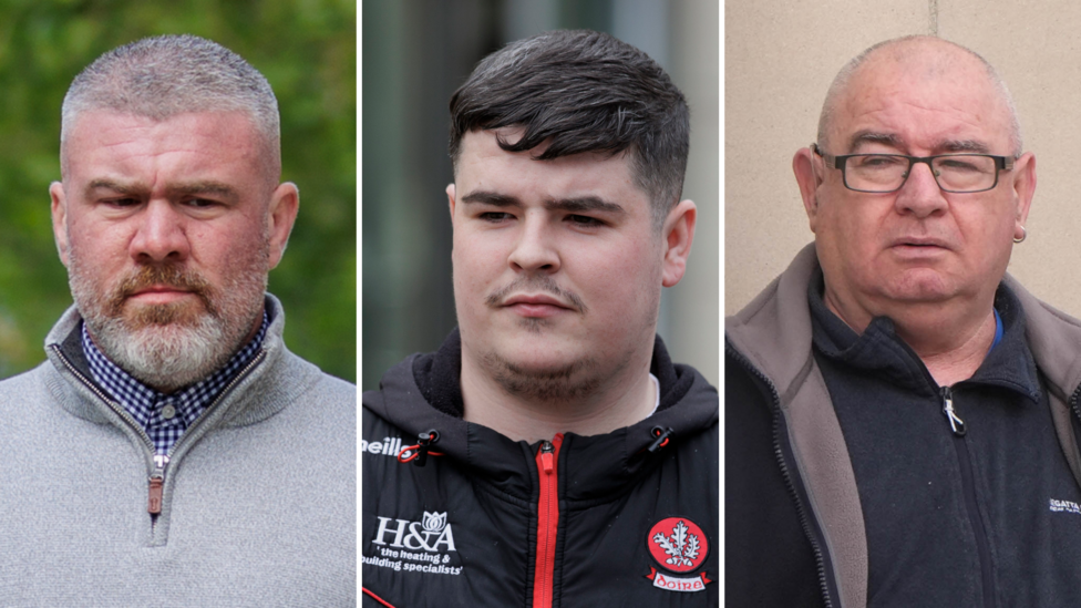 This is a composite image of three men. Peter Cavanagh - a middle aged man with grey hair and a grey beard. He is wearing a grey quarter zip jumper over a blue and white checked shirt. Jordan Devine has short black hair with some grey in it and a black moustache and goatee type beard. He is wearing a black zip up jacket with a red zip. Paul McIntyre is a man with grey, thinning hair. He is clean shaven and wears glasses.
