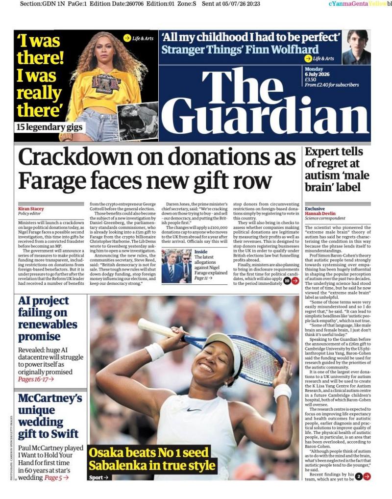 The headline on the front page of reads: 'Crackdown on donations as Farage faces new gift row.'