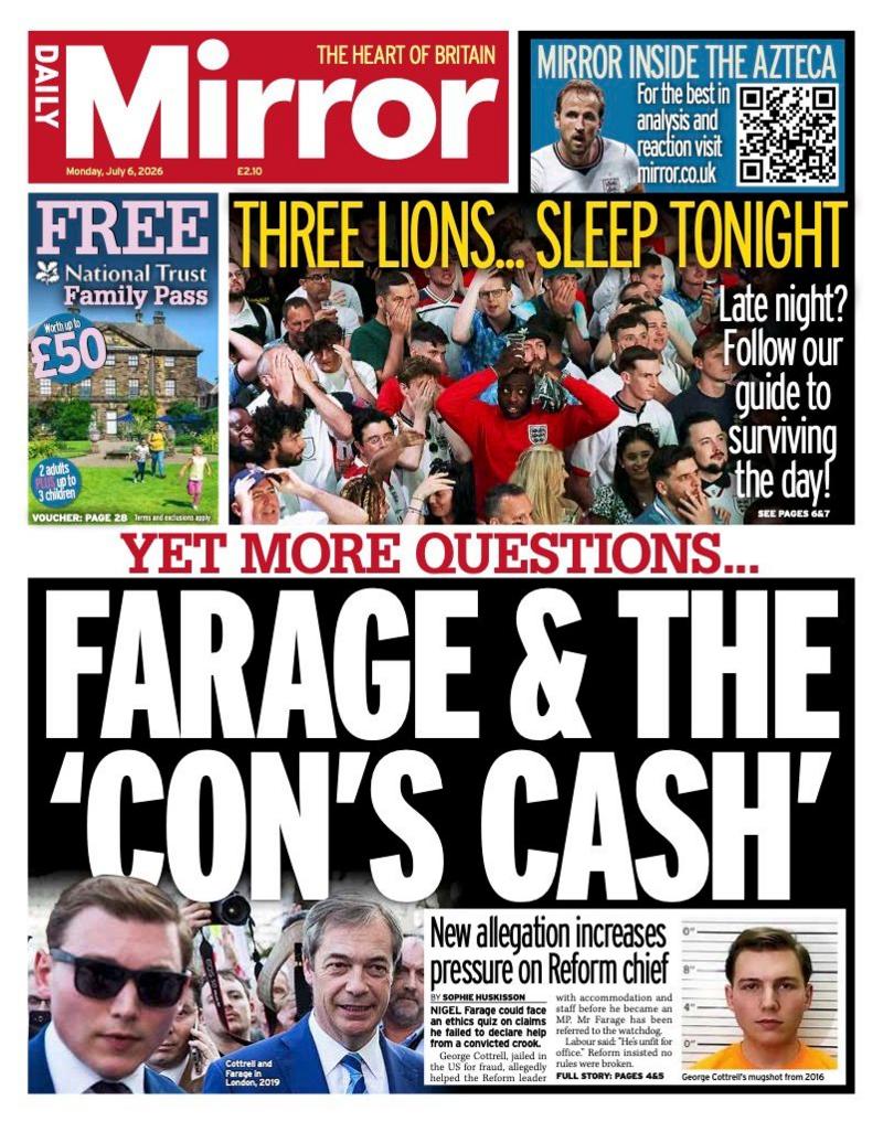 The headline on the front page of the Daily Mirror reads: 'Farage & The