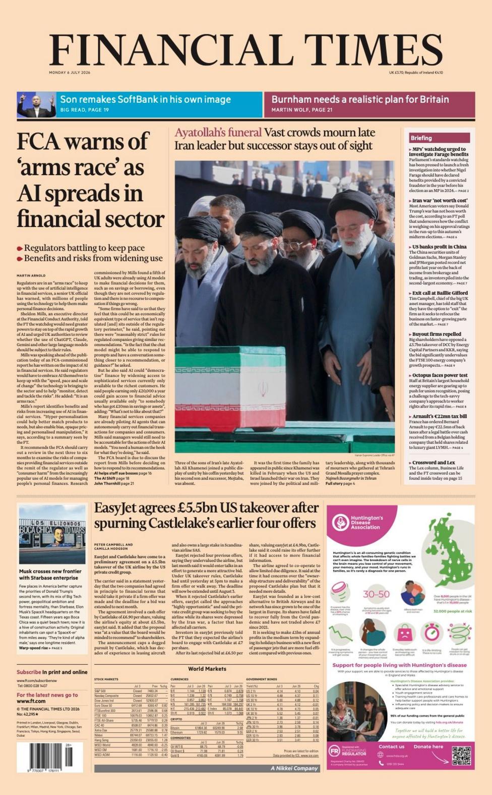 The headline on the front page of the Financial Times reads: 'FCA warns of 'arms race' as AI spreads in financial sector'.