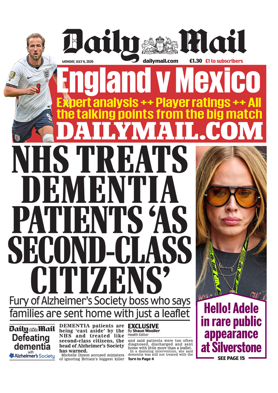 The headline on the front page of the Daily Mail reads: 'NHS treats dementia patients