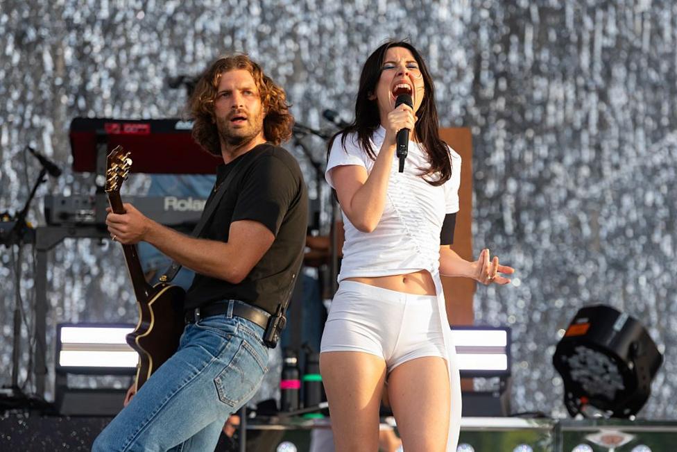 Joff Oddie and Ellie Rowsell on stage at Finsbury Park