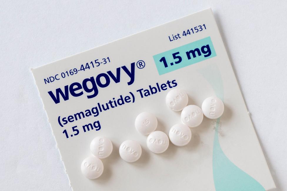 Wegovy semaglutide tablets on a white background. Its a prescription medicine used with a reduced calorie diet and .and physical activity.