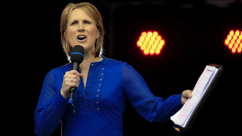 Presenter Katharine Merry greets the spectators during the Muller Indoor Grand Prix 2017.