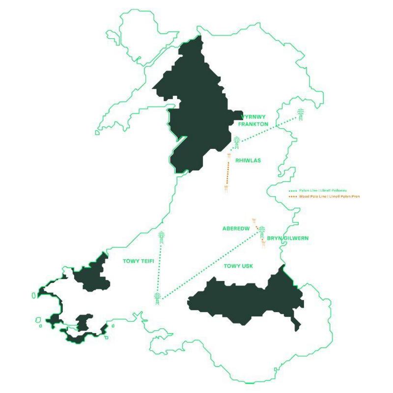 A Green GEN Cymru graphic map of Wales showing their proposed pylon routes. One stretches diagonally from mid Wales across the border to Shropshire. One goes from south west wales up in a straight line to Ceredigion, and one stretches from the same point to Powys, near the border with England. 