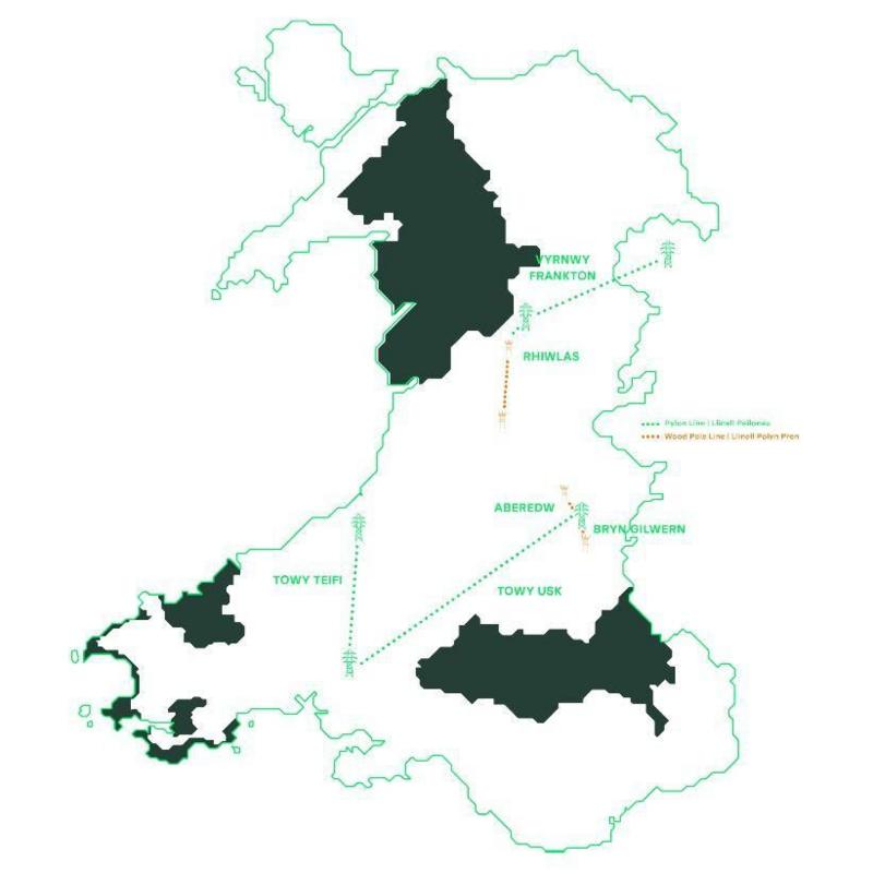 Graffeg Green GEN Cymru yn dangos y llwybrau peilonau arfaethedig