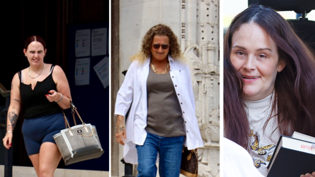A composite image of three people. The one on the far left is a woman in a black shirt and blue shorts, carrying a bag. The woman in the middle is wearing a white shirt over a grey t-shirt, and jeans. The woman on the right has dark hair, a white t-shirt and is holding two books.