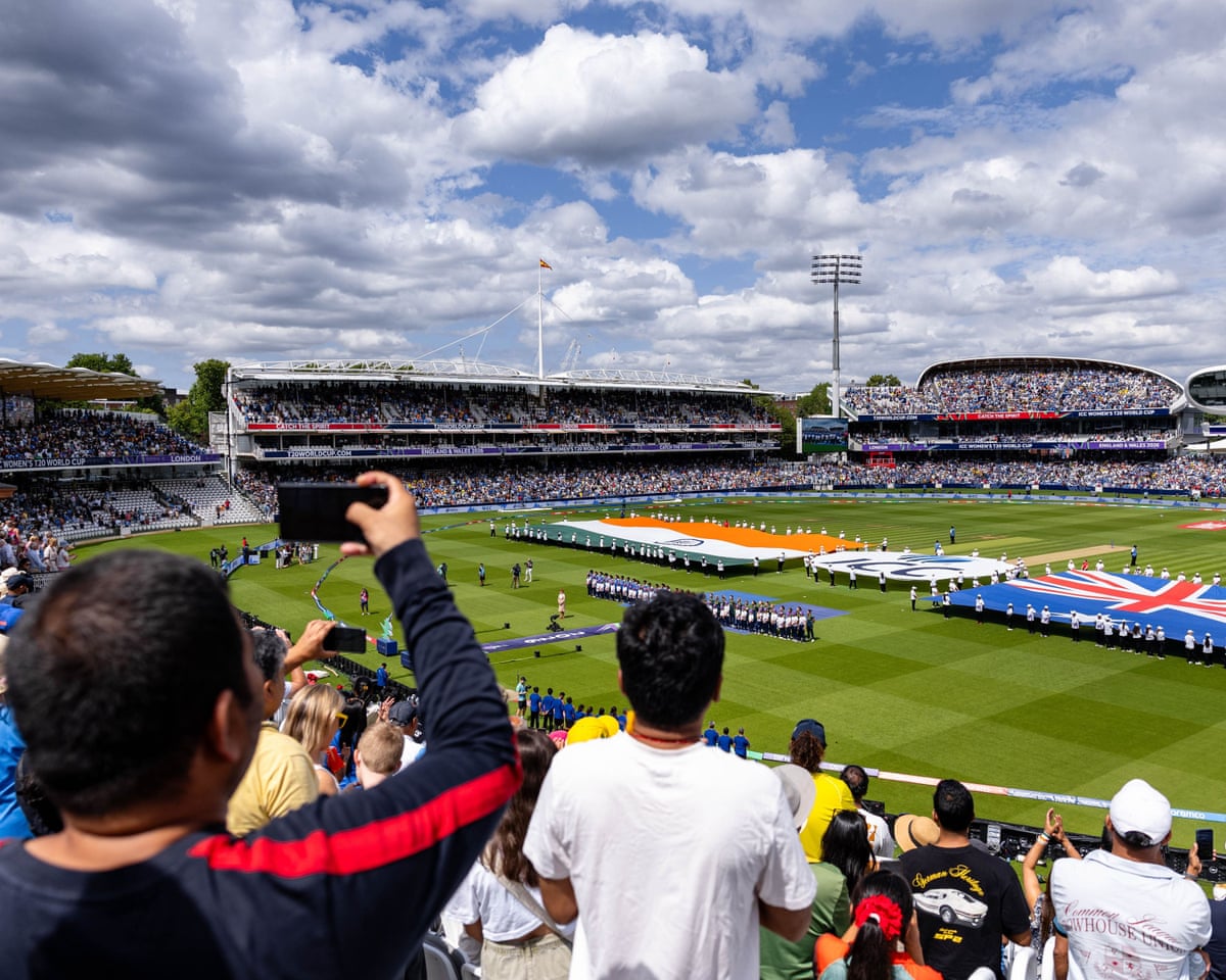 A view from the almost full stands at Lord's of the pre-match ceremonies ahead of the Women's T20 World Cup game between India and Australia.