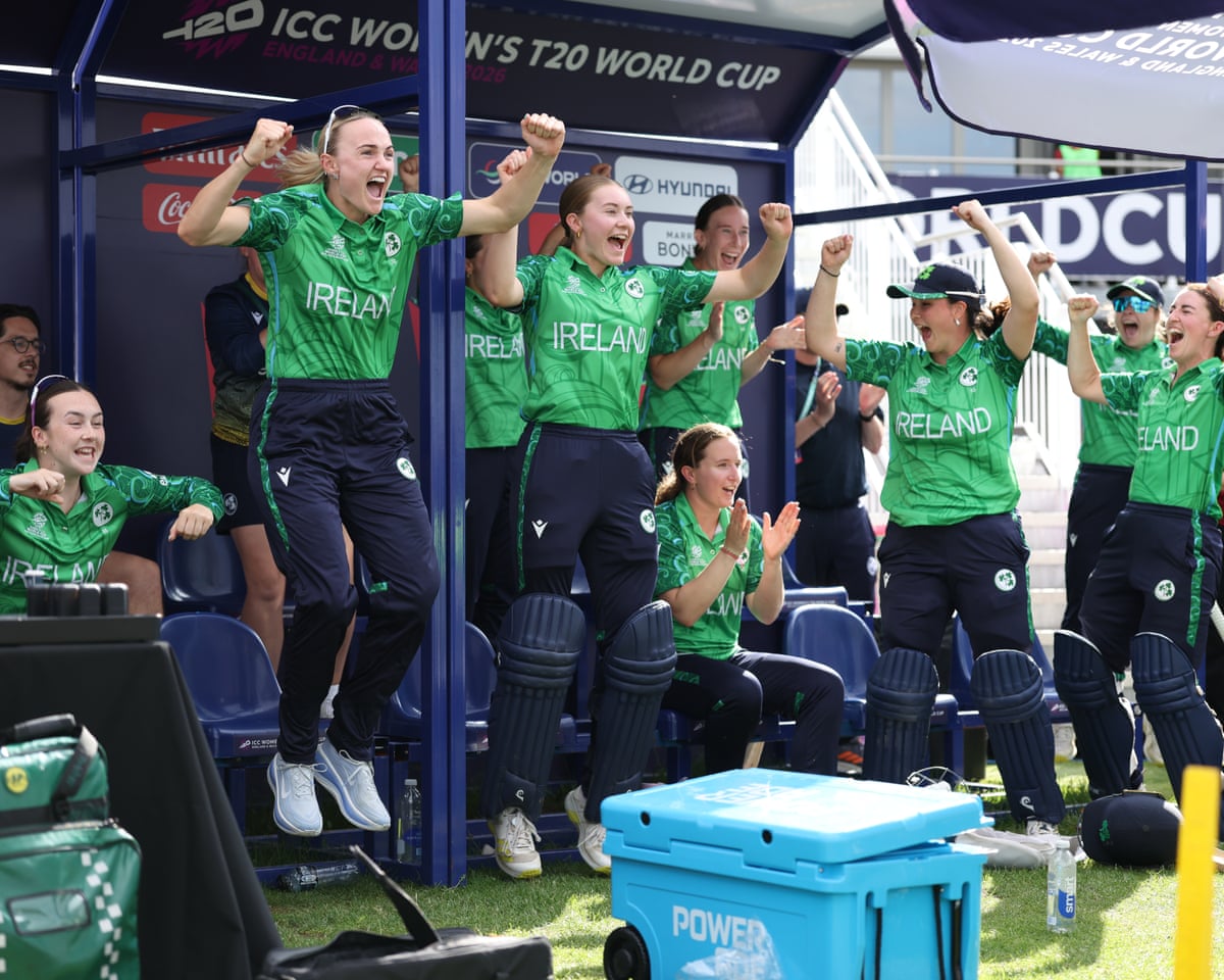 Ireland's players leap in the air to celebrate beating the West Indies in Bristol, their first win at any Women's T20 World Cup. 