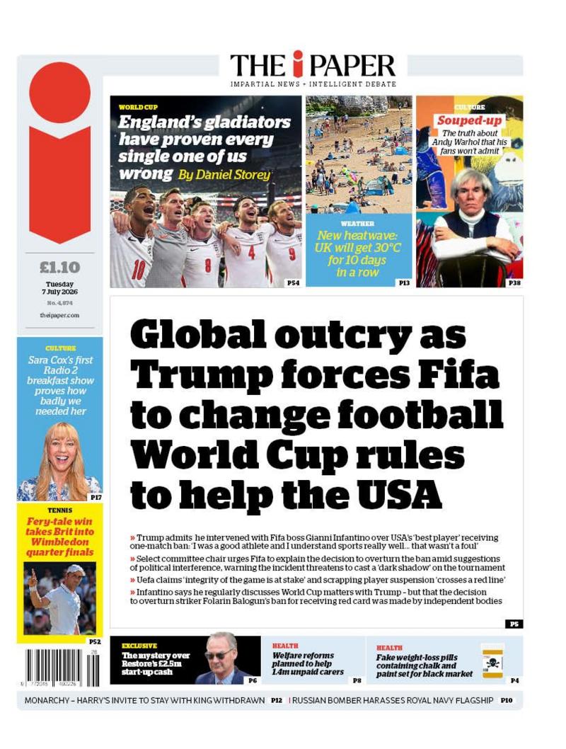 The headline on the front page of the i Paper reads: 'Global outcry as Trump forces Fifa to change football World Cup rules to help the USA.'