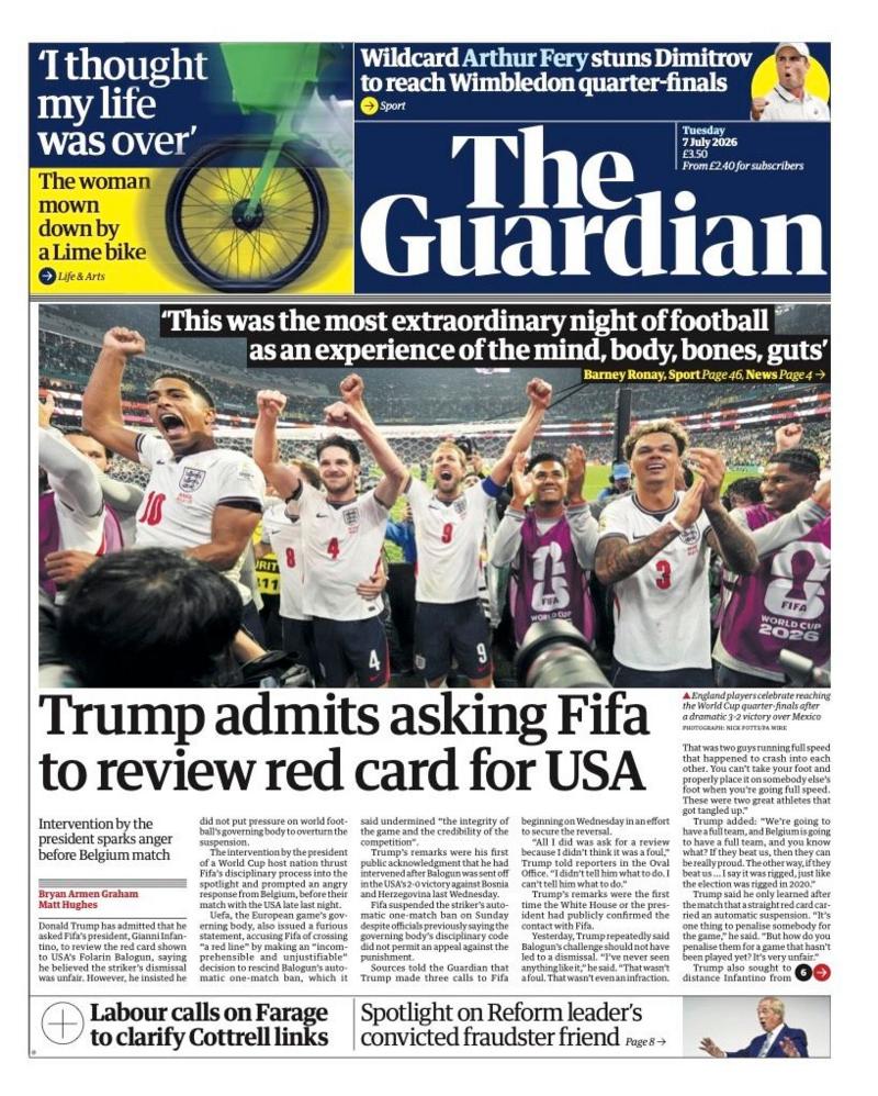 The headline on the front page of reads: 'Trump admits asking Fifa to review red card for USA.'