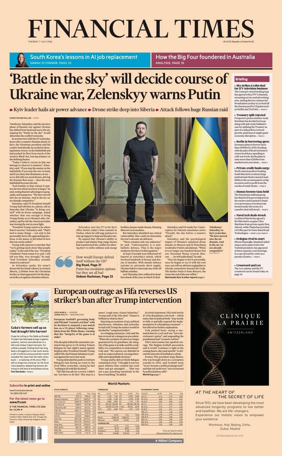 The headline on the front page of the Financial Times reads: '
