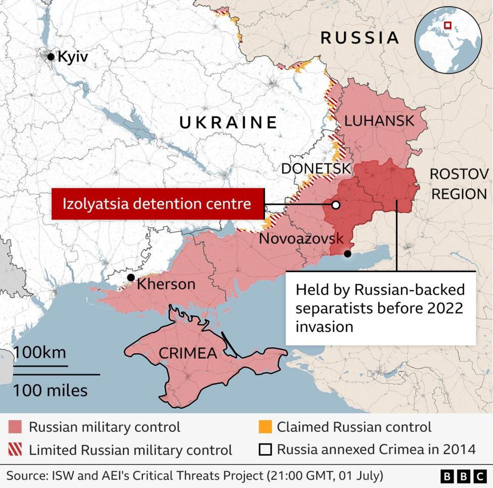 Zoomed in map of south-eastern Ukraine, showing the current front line and the areas held by Russian-backed separatists before the full-scale invasion in 2022. It marks Novoazovsk (on the southern coast close to the border with Russia), Kherson (under Ukrainian control but close to the front line) and Izolyatsia in the Donetsk region, which remains under Russian military control.