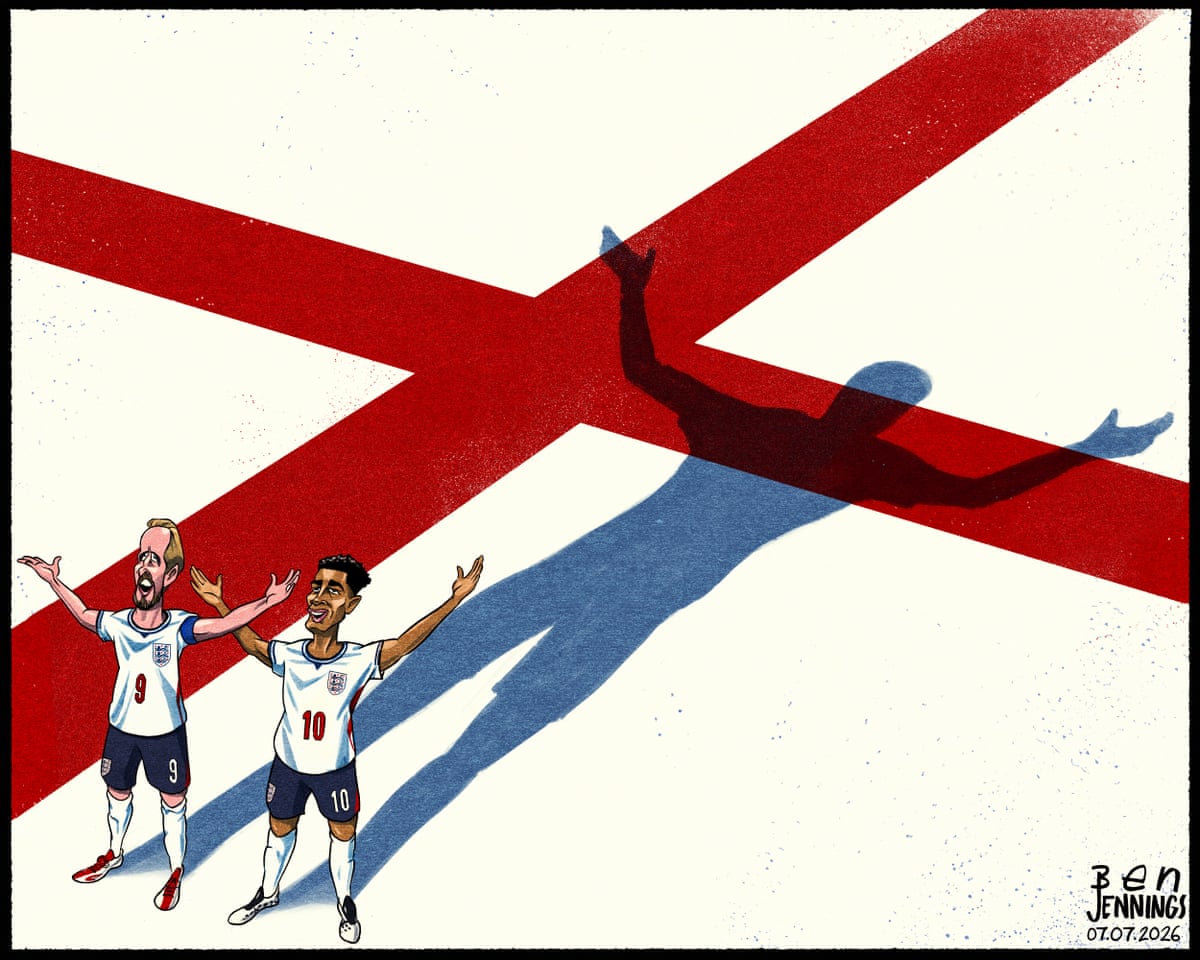 Cartoon showing Harry Kane and Jude Bellingham casting one shadow, implying the England team’s performance at the World Cup has brought national unity