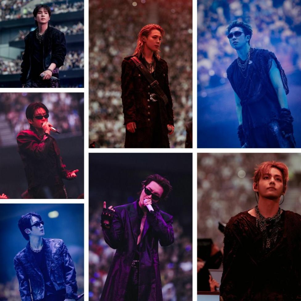 A collage showing individual portraits of BTS on stage in London