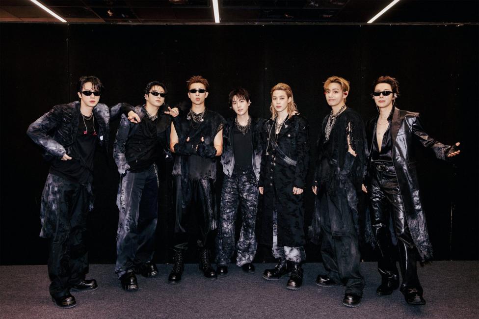 BTS backstage in London wearing black outfits