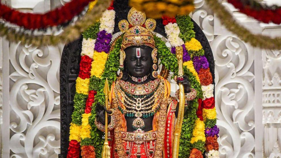 A view of the idol of the Hindu god Ram after the consecration at the Ram Mandir on January 22, 2024 in Ayodhya, India