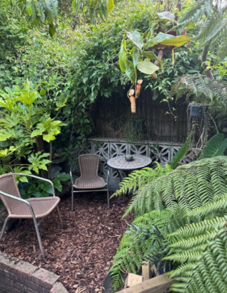 A seated area in a garden, surrounded by plants