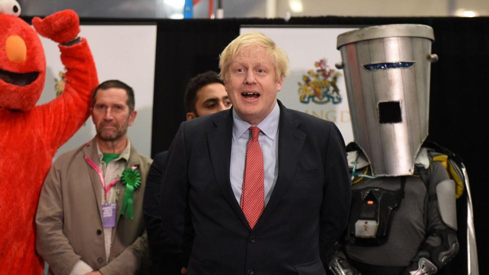 Then-prime minister Boris Johnson winning the 2019 election as the MP for Uxbridge with Count Binface and Bobby