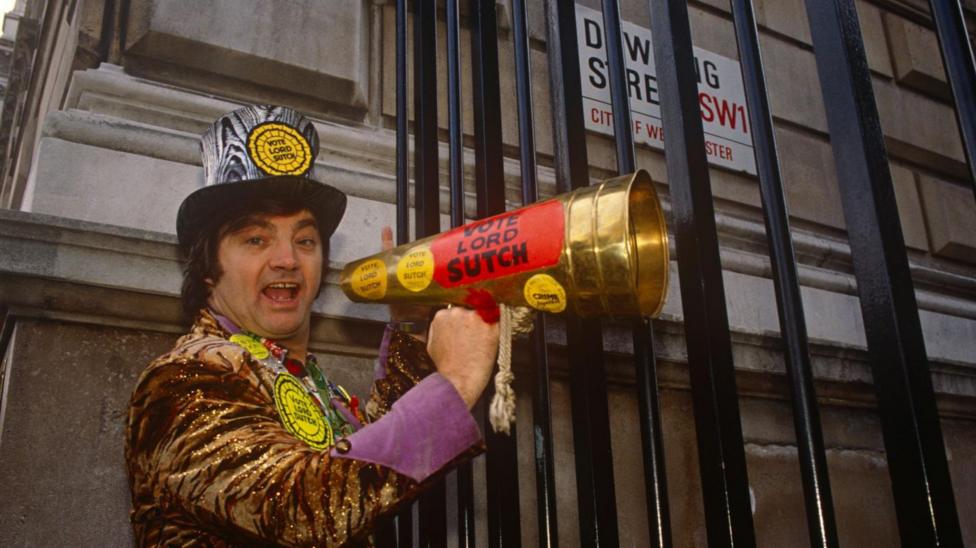 The Screaming Lord Sutch in 1992 outside the gates of Downing Street
