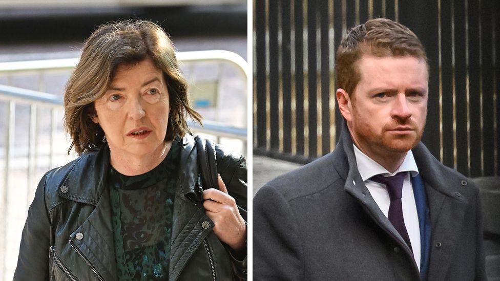 Split image of Sue Gray on the left, a middle-aged woman with shoulder-length brown/blonde wavy hair wearing black leather jacket and black top, and Morgan McSweeney on the right, a man with auburn hair and beard wearing a navy suit with grey coat over the top