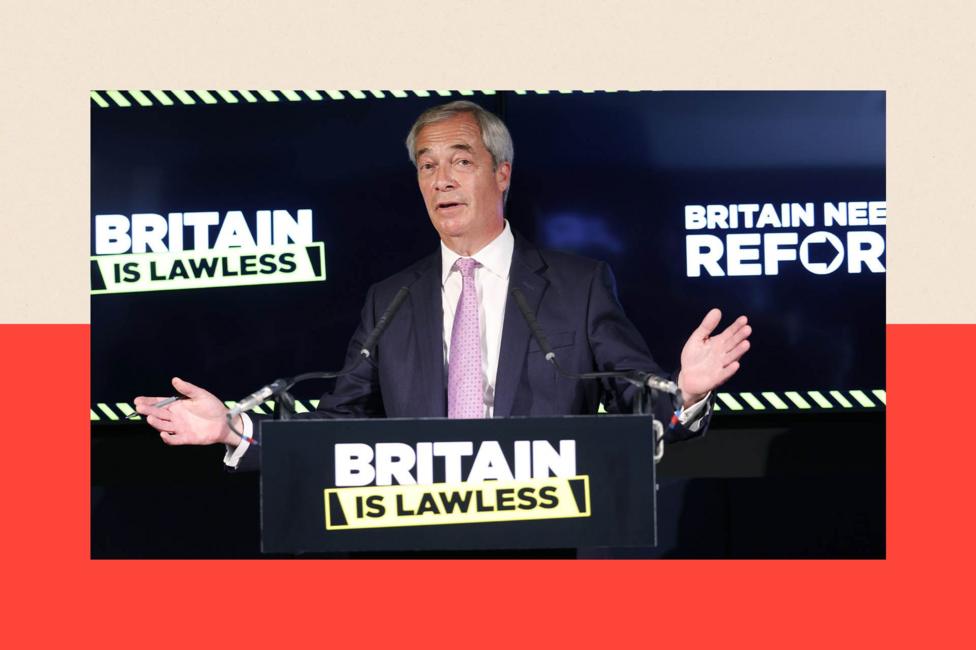 Nigel Farage stands in front of a sign saying 'Britain is lawless'