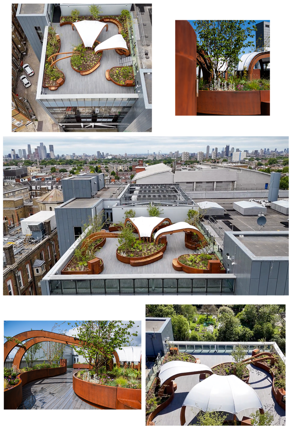 Ariel shots from a drone, combined with other photographs, show the canopies on the rooftop intensive care ward of King's College Hospital, south London
