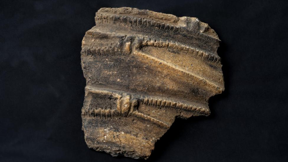 A fragment of a pot in the middle of the picture set against a black background. It was originally light brown in colour but has become blackened. At the rim there is a row of indentations running around the pot as decoration. Below that, going down towards what would have been the base, there are two rows of further indentations. They have been made to look like rope and meet at a narrower point marked with a vertical line. The rope pattern is repeated lower down. 