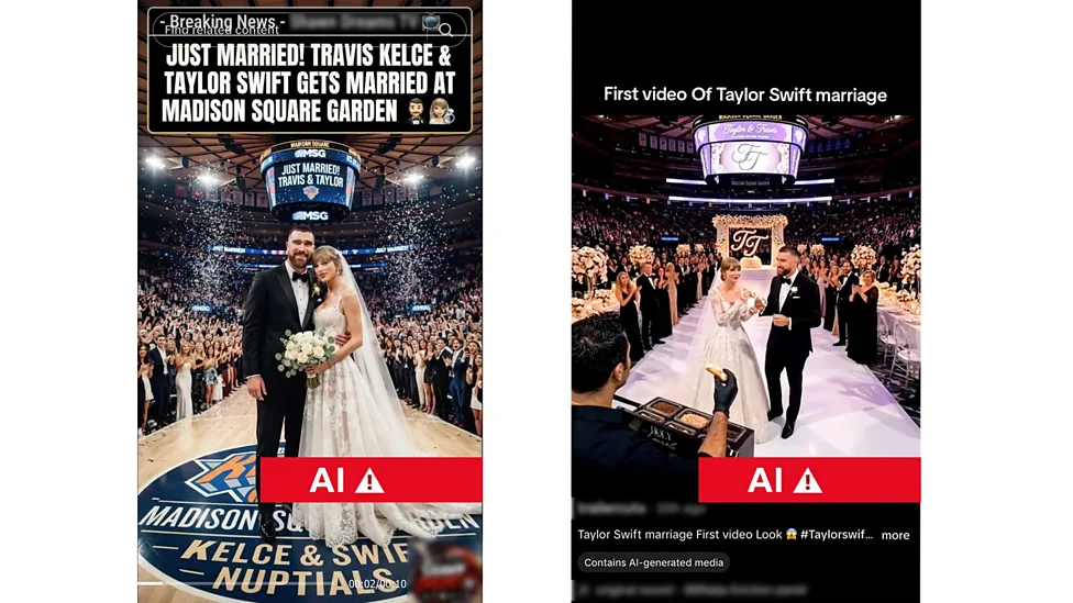 Two TikTok posts showing AI-generated images of the Taylor Swift and Travis Kelce getting married at Madison Square Garden