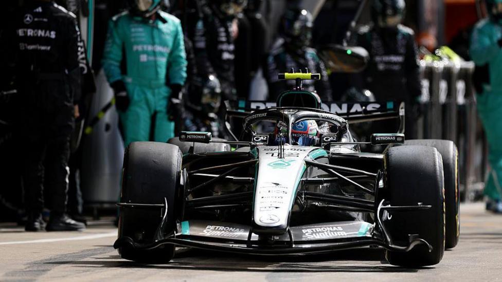 Kimi Antonelli in the Mercedes pits after an issue with his car