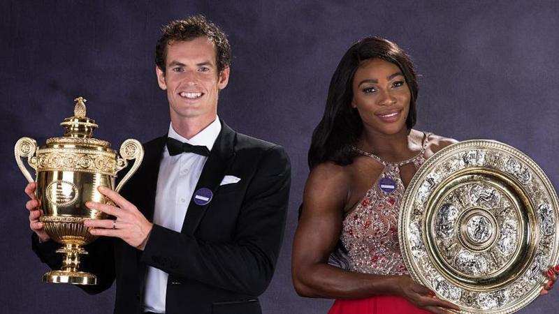 Andy Murray and Serena Williams with their Wimbledon trophies and dressed up for the ball