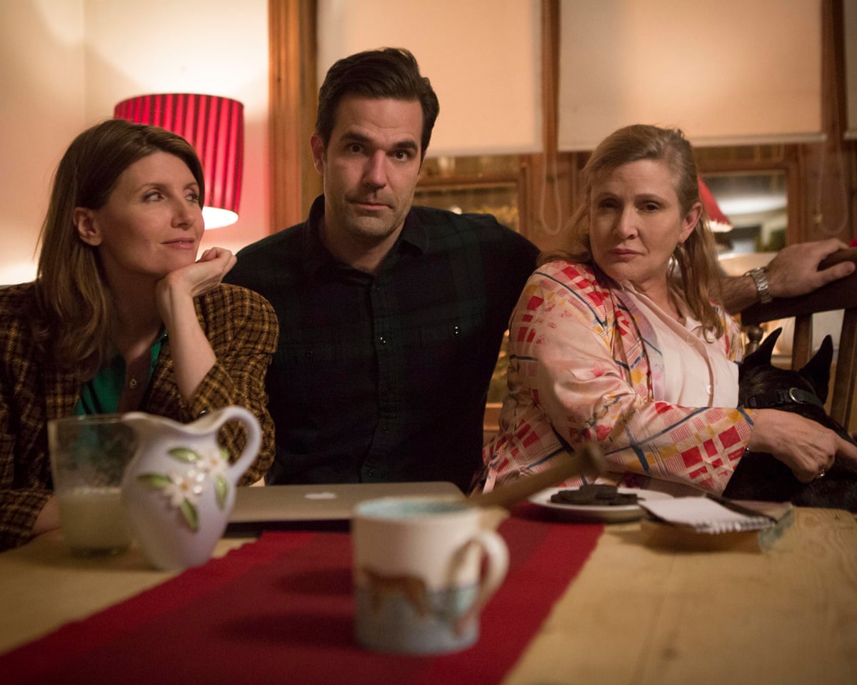 Sharon Horgan, Rob Delaney and Carrie Fisher sat round a kitchen table