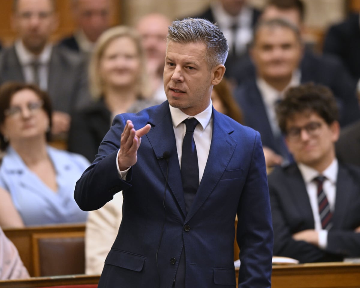 Péter Magyar gestures as he speaks while MPs behind him look on