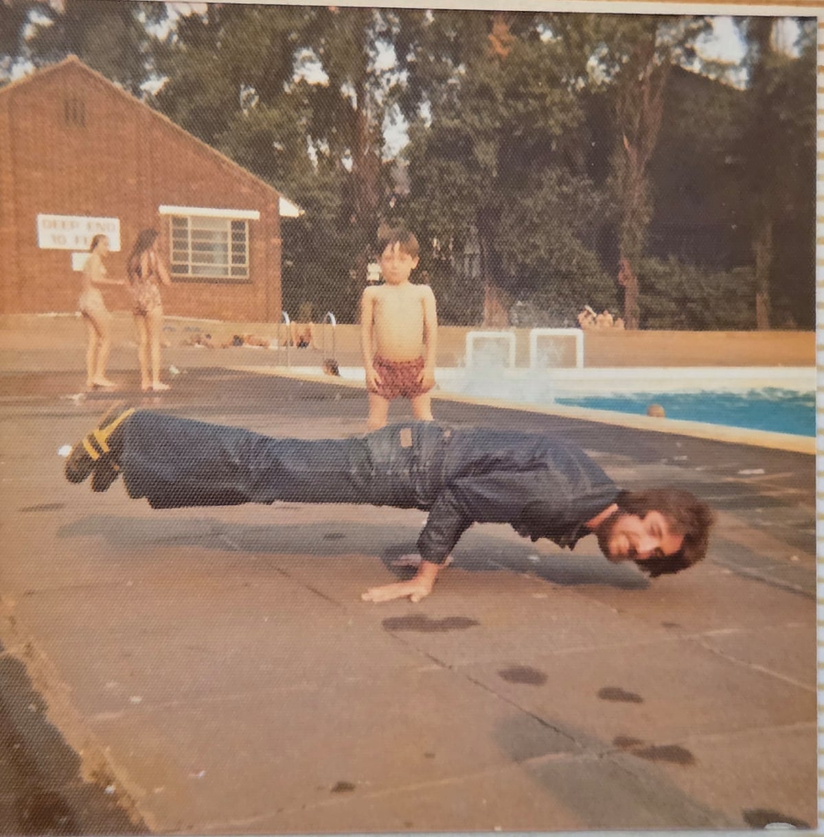 Michael doing the 'peacock pose' at the open-air swimming pool.