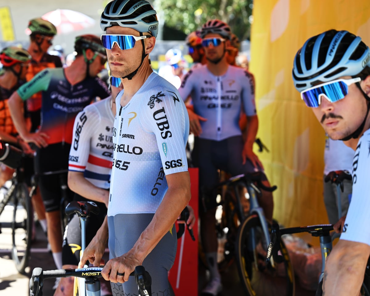 Riders wait for the start of stage three of the Tour de France in Granollers, Spain.