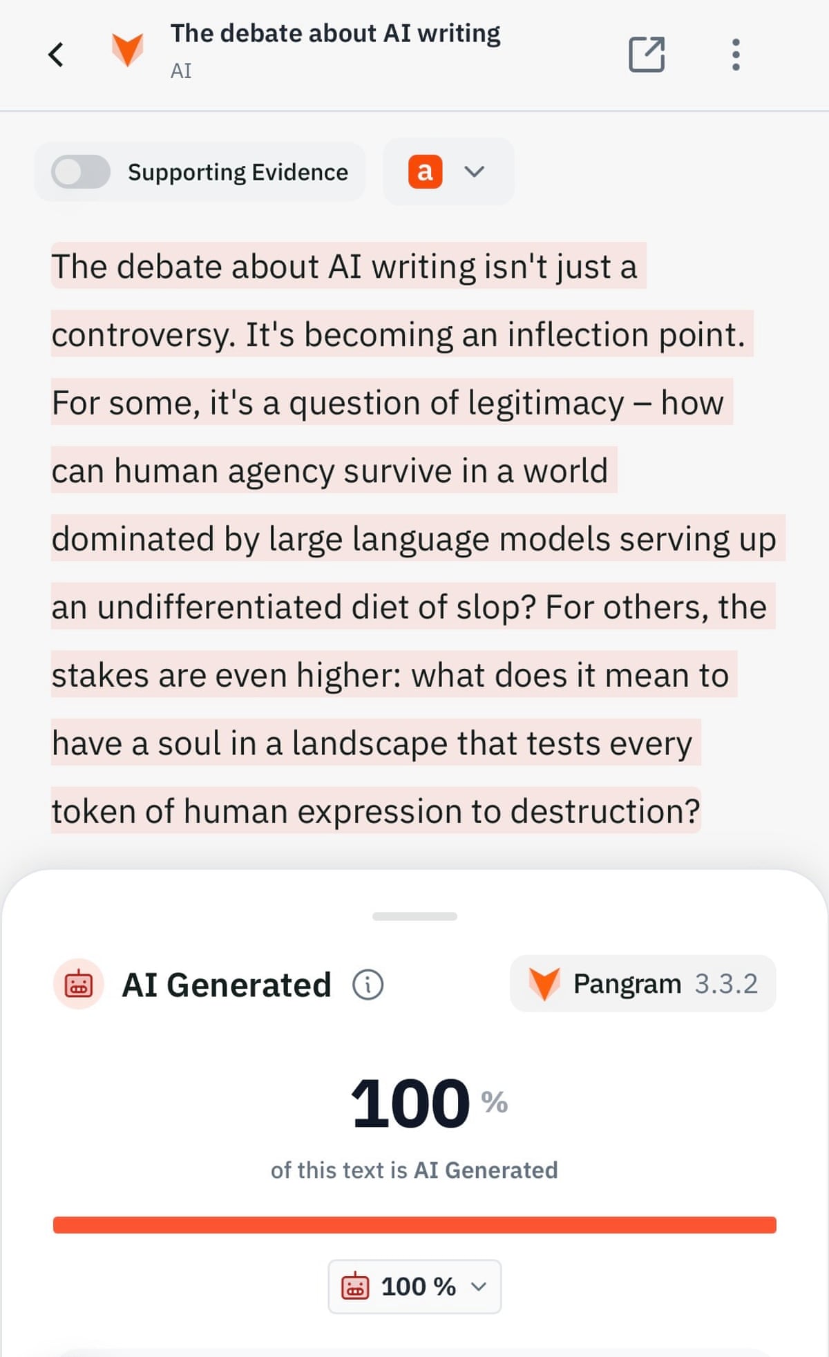A screenshot of a text entered into Pangram AI detector by David Shariatmadari, incorrectly identified as being AI generated