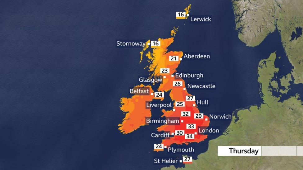 A temperature map for Thursday showing heat reaching the mid 30s Celsius in parts of the south with areas in the north of the UK reach into the mid 20s Celsius