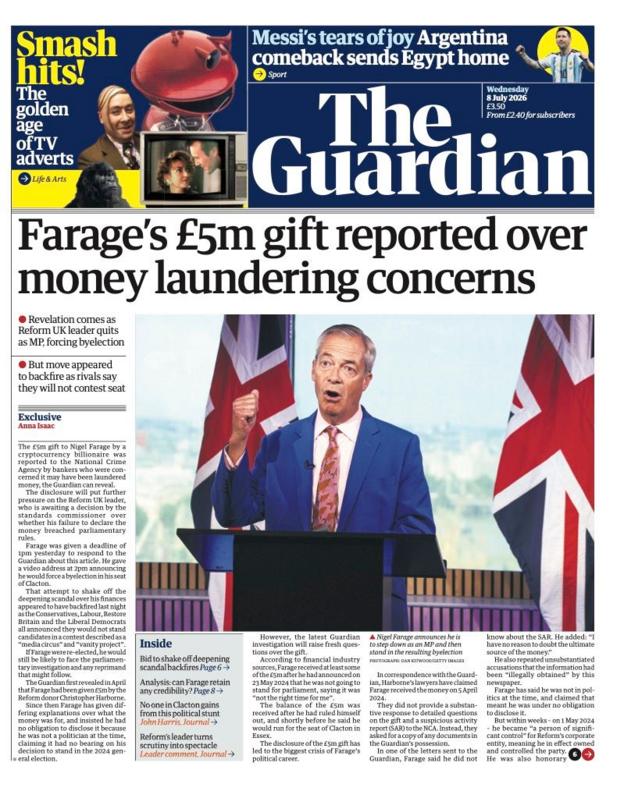 The headline on the front page of reads: 'Farage's £5m gift reported over money laundering concerns.'