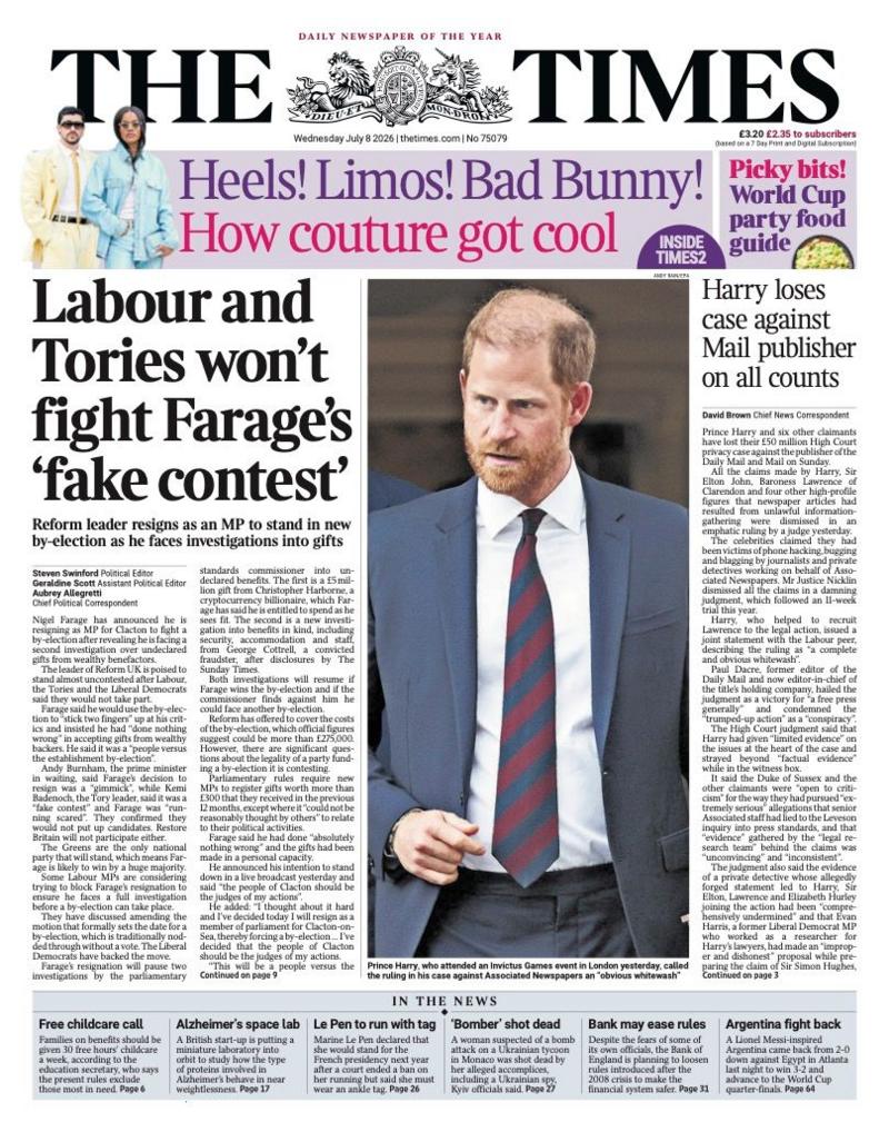 The headline on the front page of the Times reads: 'Labour and Tories won't fight Farage's
