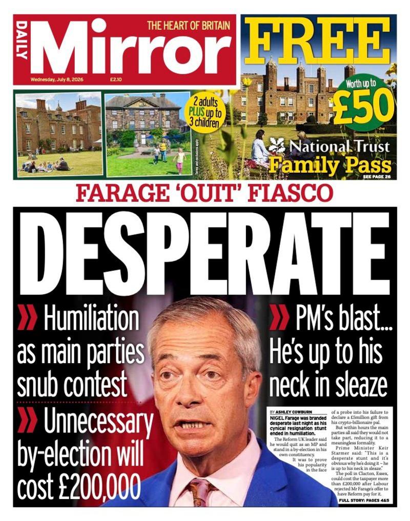 The headline on the front page of the Daily Mirror reads: 'Desperate.'