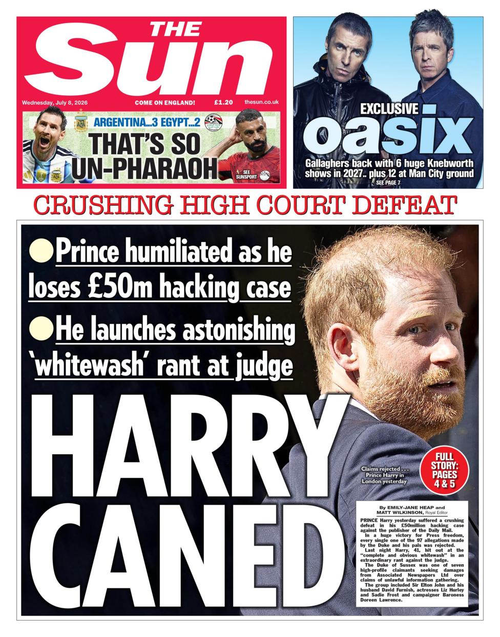 The headline on the front page of the Sun reads: 'Harry Caned.'