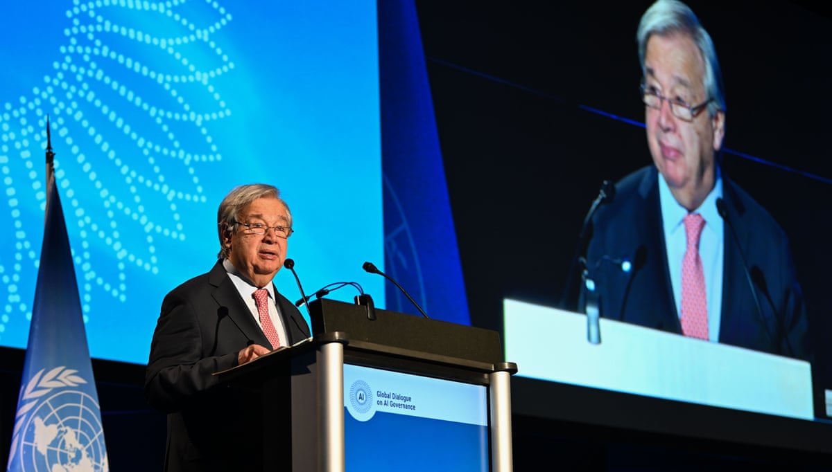 António Guterres, the UN secretary general, speaks at a podium to an audience.