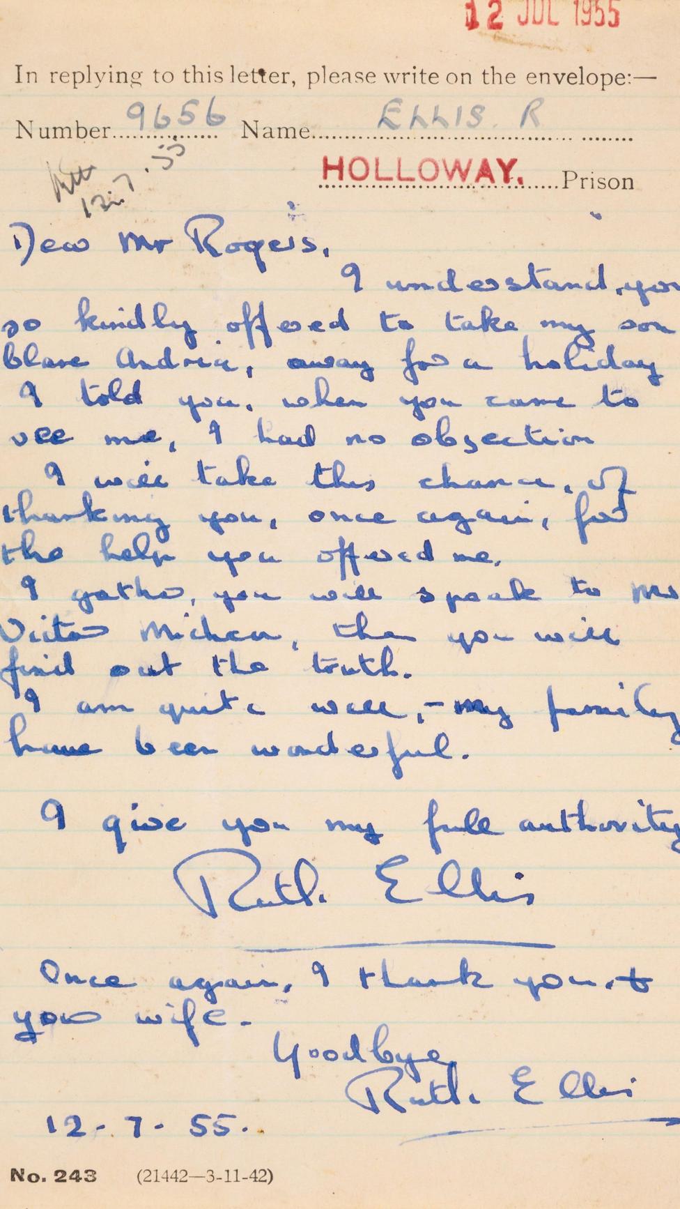 A letter, on Holloway Prison marked paper, signed by Ellis.