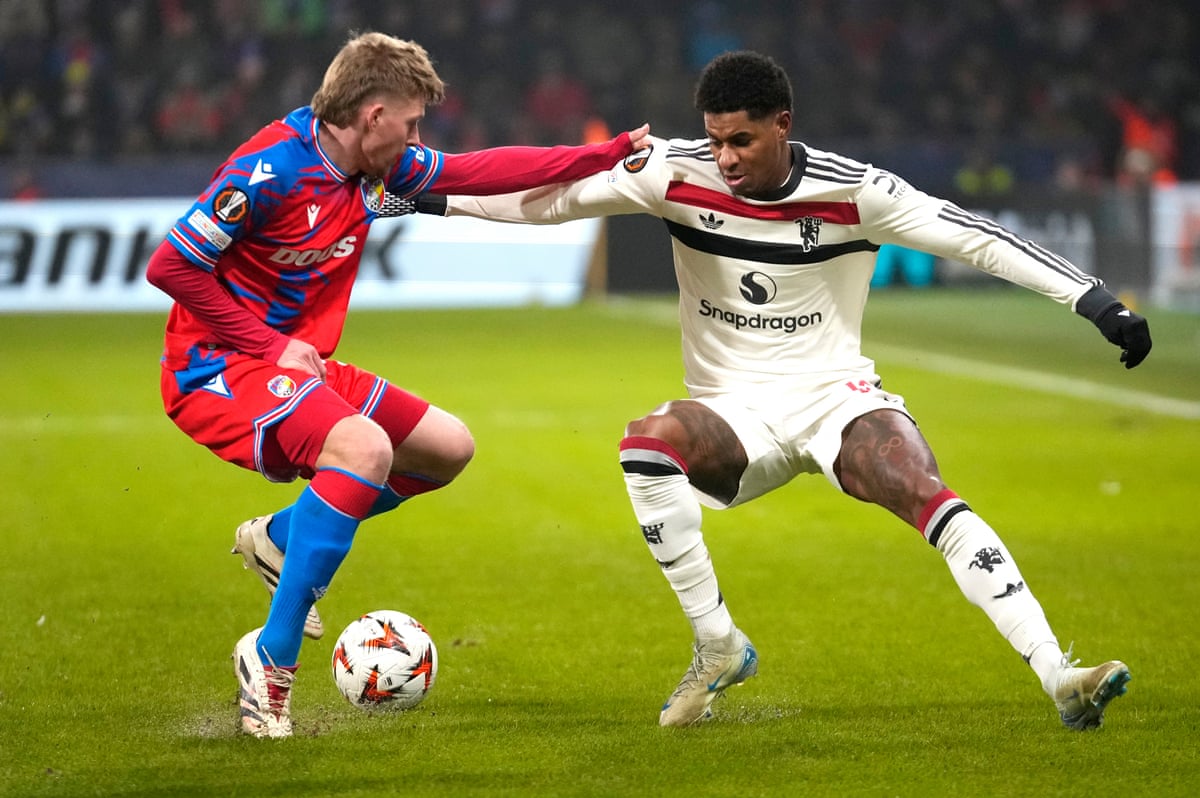Marcus Rashford, right, in action for Manchester United in a Europa League win at Viktoria Plzen in December 2024.